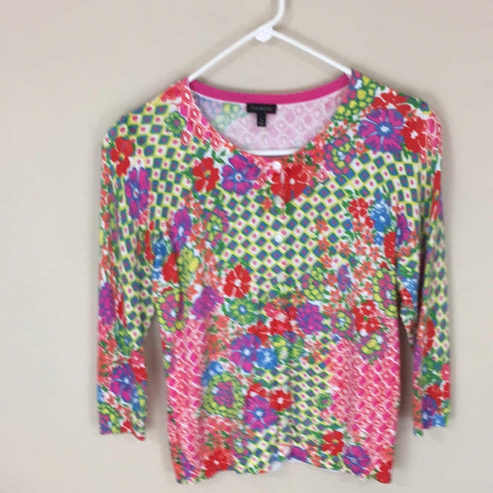 Talbots Colorful Abstract Floral Cardigan Sweater Size Small